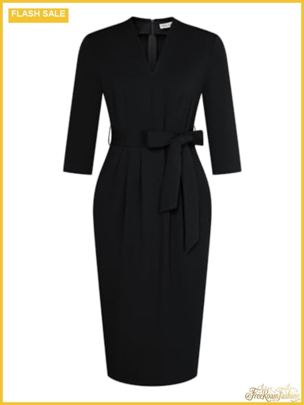 Bodycon Sheath Dress with Pockets 3/4 Sleeve V-Neck Tie Waist Work Dress